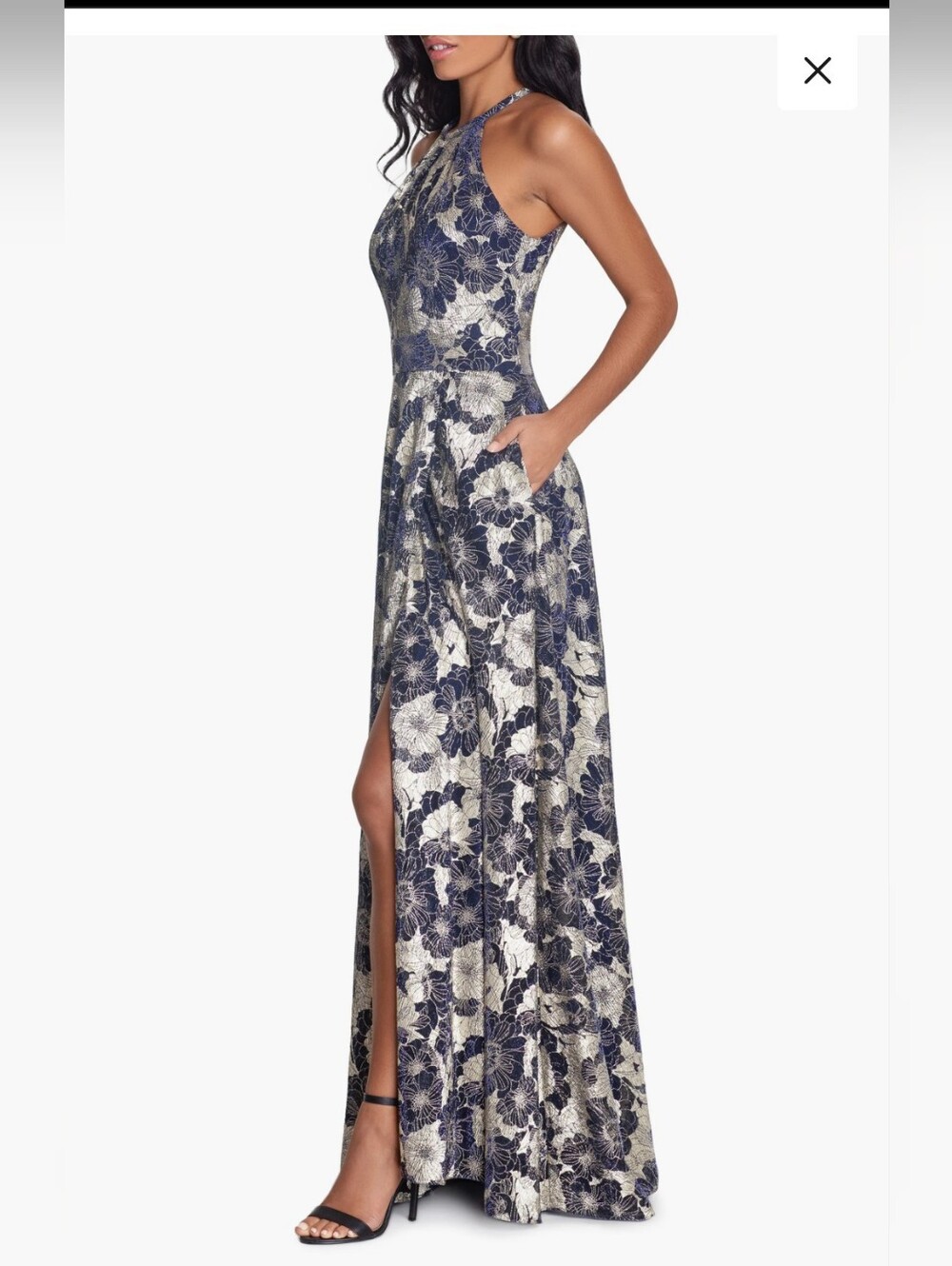 Betsy & Adam Metallic Floral Halter Gown – Size 4